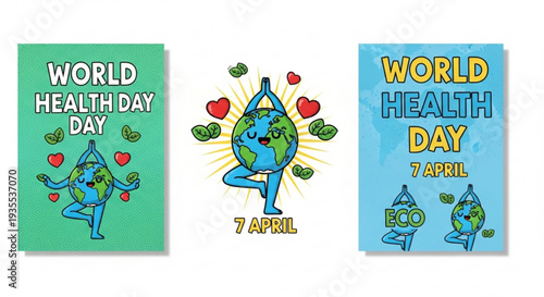 World health day posters with earth in yoga poses surrounded by hearts and leaves on green and blue backgrounds