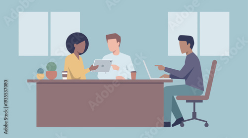 Three colleagues collaborating in a modern office setting with laptops and documents.