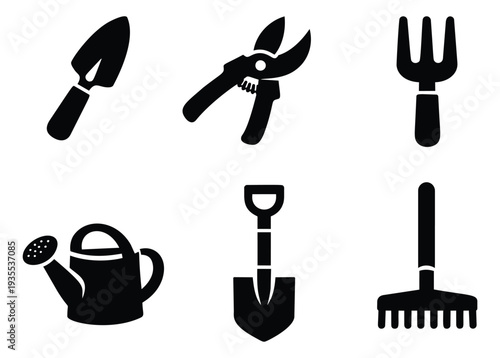 Black silhouette garden tools set featuring common equipment for planting and cultivation