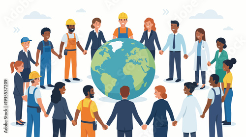 Diverse group of people holding hands around the globe unity.