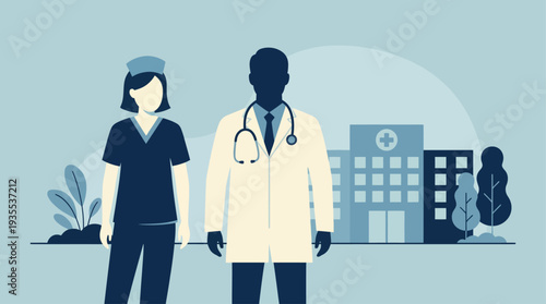 Diverse Medical Professionals Standing in Front of Hospital Building.