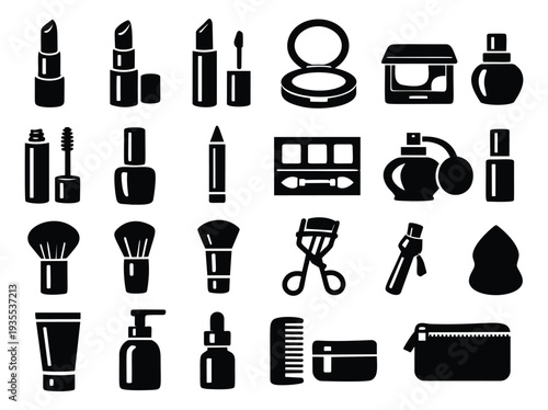 Graphic cosmetics set featuring lipstick, mascara, brushes, and perfume for beauty product designs