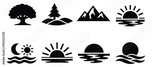 Solid silhouette nature and weather icon set featuring trees, mountains, sunrises, and moon over water for graphic design projects