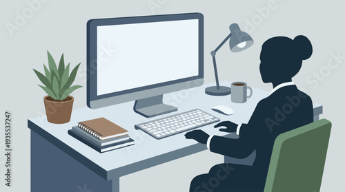 Woman working on computer at desk with office supplies and plants.