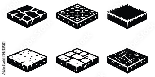 Isometric graphic terrain blocks set featuring cracked soil, cultivated land, lush grass, dirt, cobblestone, and forest floor for game development and map creation