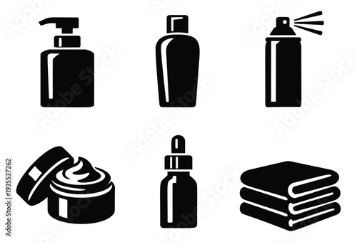 Modern glyph personal care icon set featuring various hygiene and cosmetic products for beauty and spa concepts