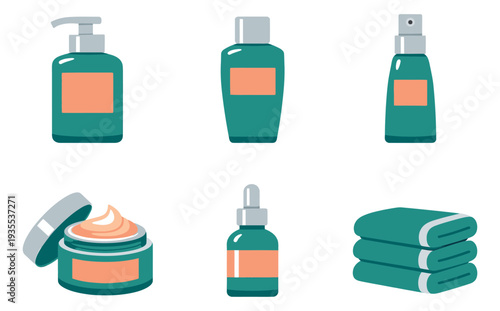 Flat vector beauty product set featuring lotion pump bottle, cream jar, spray bottle, dropper bottle, and towels for spa and personal care