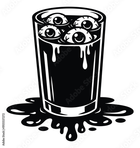 Horror line art illustration of a glass depicting floating eyeballs and spilling liquid for Halloween celebration