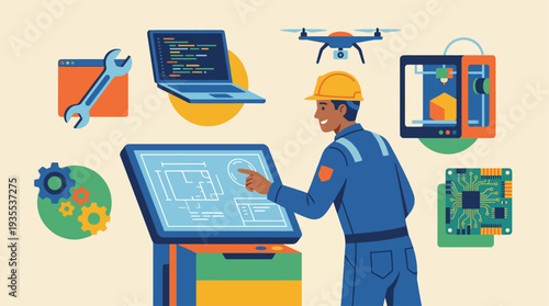 Engineer working on technical project with digital devices and tools.