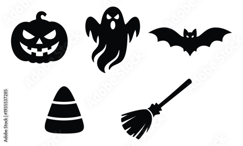 Simple silhouette Halloween set featuring a jack-o'-lantern, ghost, bat, candy corn, and broom for holiday celebration