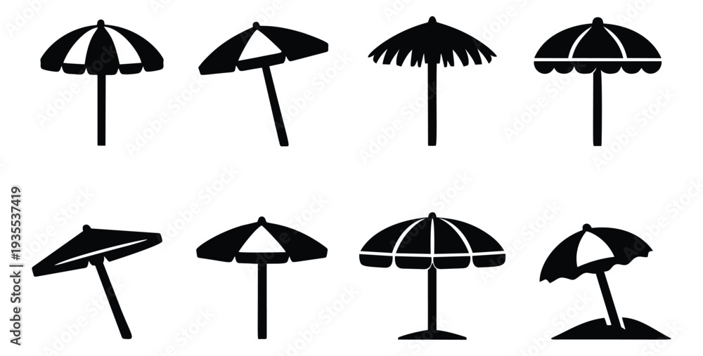 Obraz premium Simple parasol icon set featuring various beach umbrella designs for summer vacation