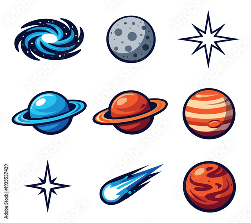 Cartoon space elements set featuring planets, stars, and galaxy for science and astronomy projects