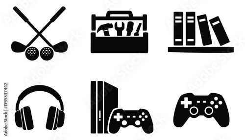 Solid icon set featuring golf clubs, a toolbox, books, headphones, and gaming equipment for leisure and home concepts