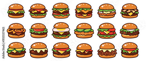 Hand drawn burger set featuring a variety of delicious fast food hamburgers for food related designs