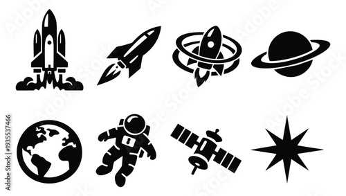Modern graphic space icons set featuring rockets, planets, an astronaut, a satellite, and a star for science and education