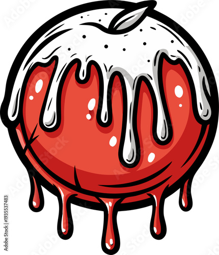Single meatball with tomato sauce dripping, bold outline vector, clean black and white style, isolated on white background.