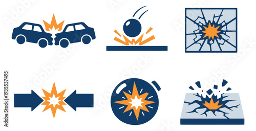 Graphic icon set featuring car crashes, breaking glass, and explosion symbols for damage and accident representation