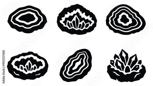 Abstract line art geode and crystal set featuring various rock slices and crystal formations for design projects