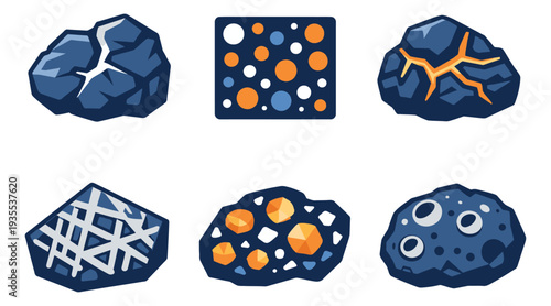 Stylized graphic geological rock set featuring different textures and mineral inclusions for natural resource concepts