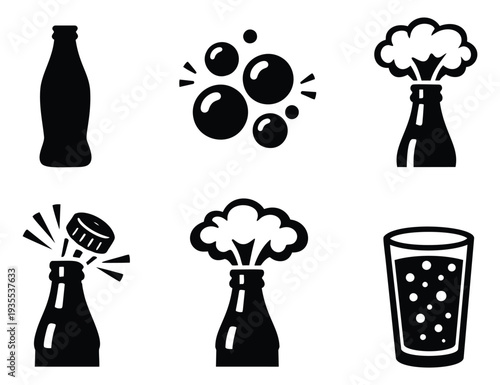 Modern graphic icon set featuring fizzy drink bottles, bubbles, and a glass for beverage concepts