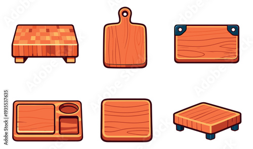 Cartoon style wooden boards set featuring various cutting and serving board designs for kitchen and food preparation needs