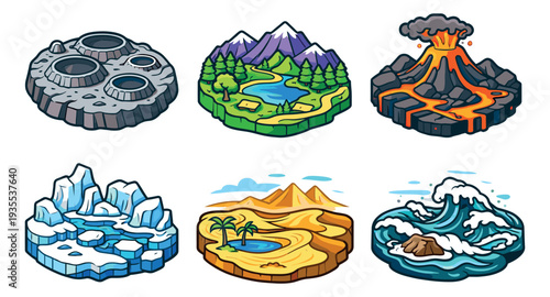 Isometric cartoon nature elements set featuring moon, mountains, volcano, ice, desert, and ocean for game design