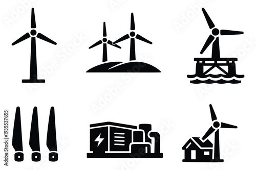 Solid glyph wind energy icon set featuring wind turbines and power generators for sustainable electricity