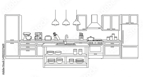 Modern Kitchen Interior Design Sketch with Appliances and Cabinets.