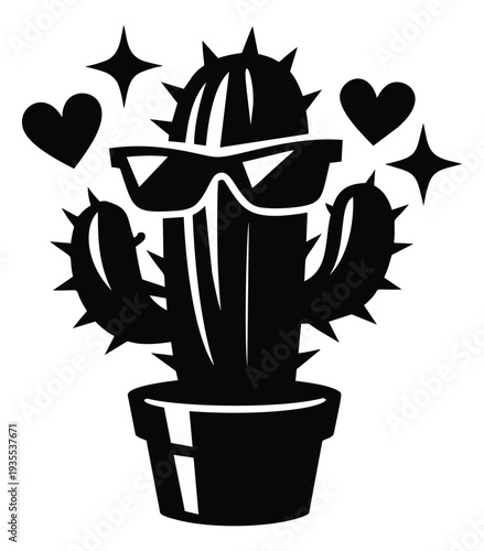 Modern graphic illustration of a potted cactus depicting a cool attitude with hearts for fun designs