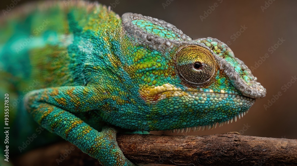 Obraz premium Close up profile of a vibrant green chameleon