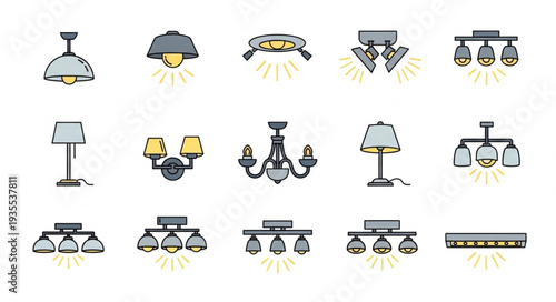 Collection of various ceiling and table light fixtures.