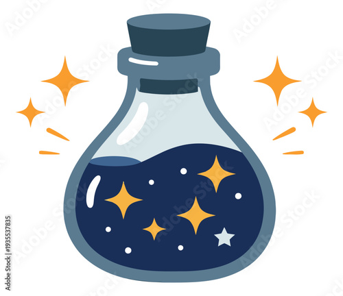 Flat design illustration of a potion bottle depicting a sparkling elixir with stars and glows for magic or fantasy themed designs