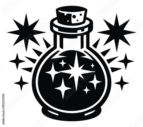 Graphic illustration of a magic potion bottle depicting a magical sparkling effect for fantasy themes