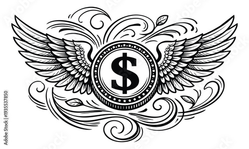 Hand drawn line art illustration of a dollar coin depicting financial prosperity for business concepts