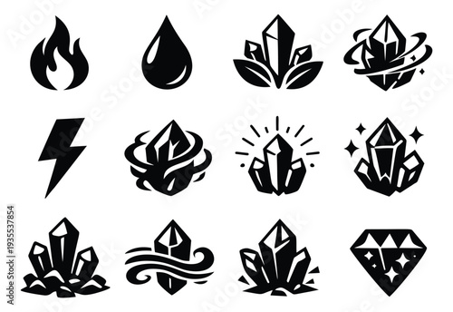 Bold graphic fantasy elemental and crystal icon set featuring fire, water, lightning, and gems for game design and user interfaces