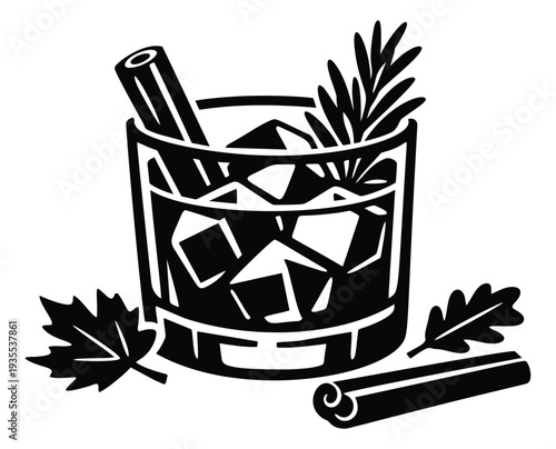 Stylized illustration of an autumn cocktail depicting ice, a cinnamon stick, rosemary, and fall leaves for seasonal promotions