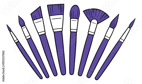 Hand drawn line art brush set featuring different purple brushes for art and makeup applications