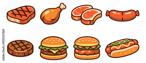Cartoon style meat and fast food set featuring grilled steak, chicken leg, sausages, burgers, and hot dogs for menu design