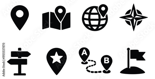 Simple solid map and navigation icons set featuring location pins, a compass rose, and route markers for travel and directional purposes
