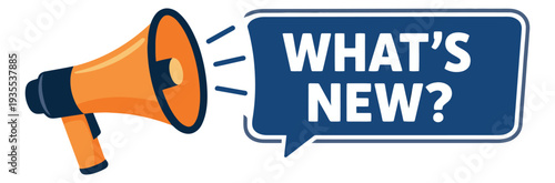 Flat design illustration of a megaphone and speech bubble depicting broadcasting a 'What's New?' message for promotional announcements