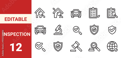 Inspection web icons line style. Evaluation, report document, magnifier, quality check, risk analysis, control, auditor, paper,