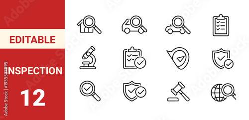 Inspection web icons line style. Evaluation, report document, magnifier, quality check, risk analysis, control, auditor, paper,