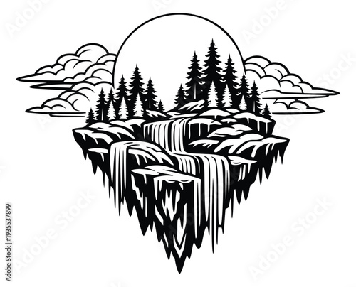 Hand drawn line art illustration of a fantasy floating island with a waterfall depicting a rugged natural landscape for adventure and outdoor themes