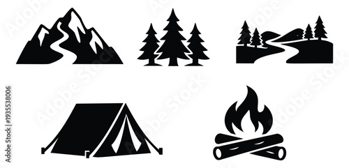 Minimalist camping adventure icons set featuring mountains, evergreen trees, a winding river, a tent, and a burning campfire for hiking, exploration, and wilderness travel