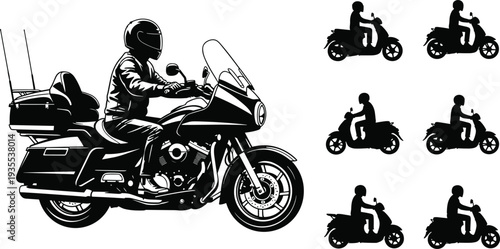 Set of Motorcycle Silhouettes Featuring Heavy Touring Bike and Urban Scooters Isolated on White Background for Biker and Transportation Design
