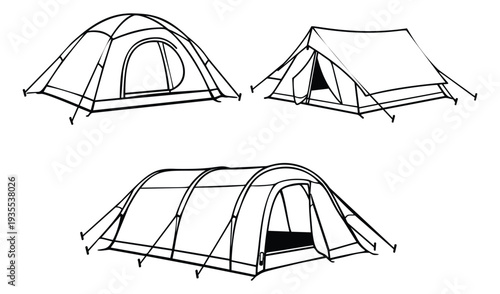 Hand drawn line art tent set featuring different camping and hiking shelters for outdoor adventures and travel