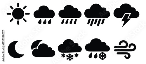 Simple glyph weather icon set featuring sun, moon, clouds, rain, snow, thunder and wind for meteorological forecasting