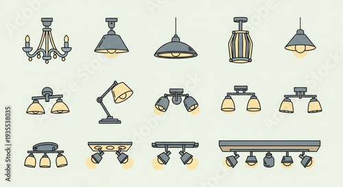 Collection of various ceiling and desk light fixtures.