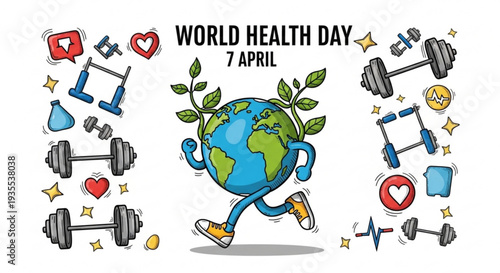 World health day illustration with globe running surrounded by fitness icons and green leaves on white background
