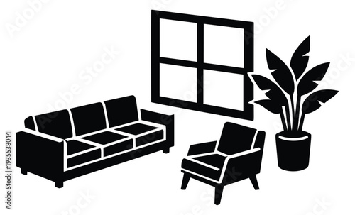 Simple graphic line art home interior set featuring sofa, armchair, window, and houseplant for interior design concepts